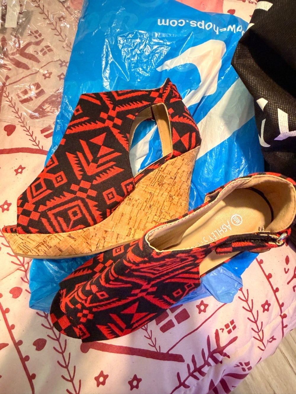 Ashley Stewart Red and Black Aztec Cork Wedge Sandals